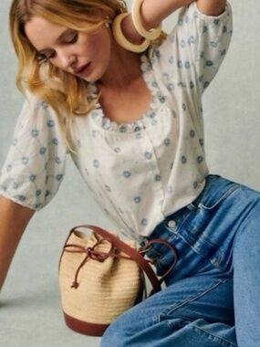 Sezane Kelli’s Shirt Blue Ecru Daisies sz 2